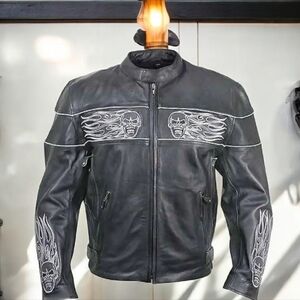 L/XL🖤Vtg.Moto Biker Heavy Black Leather Bomber Jacket Reflective  Skull Design